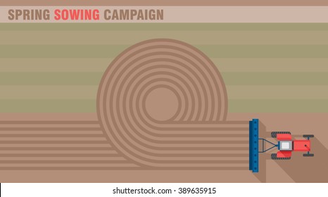 Tractor works in the field. Spring sowing campaign. Tractor seeding machine. Farming machinery. Agriculture business industry. Cover design template. Web design background. Vector illustration. 