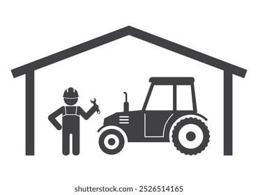 tractor in workshop with mechanic worker icon