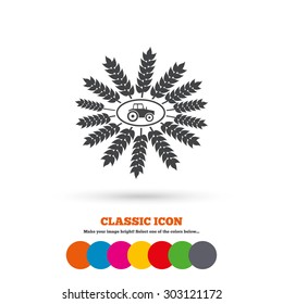 Tractor with wreath of Wheat corn sign icon. Agricultural industry symbol. Classic flat icon. Colored circles. Vector