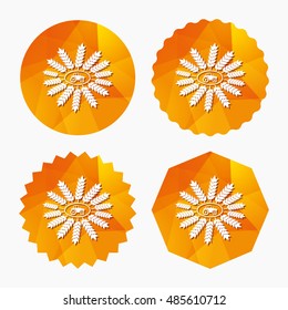 Tractor with wreath of Wheat corn sign icon. Agricultural industry symbol. Triangular low poly buttons with flat icon. Vector