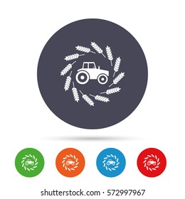 Tractor with wreath of Wheat corn sign icon. Agricultural industry symbol. Round colourful buttons with flat icons. Vector
