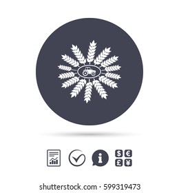 Tractor with wreath of Wheat corn sign icon. Agricultural industry symbol. Report document, information and check tick icons. Currency exchange. Vector