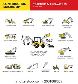 Tractor-based vehicle construction machinery transport icons set