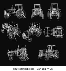 Tractors arranged in a grid on a black background, each with unique designs. Vector illustration. 3D.