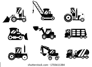 Tractors and excavators silhouette set. Types of construction equipment silhouette vector