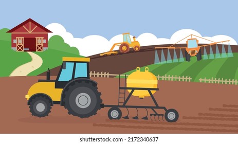 Tractors and harvester work in the fields