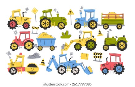 Tractors industrial and agricultural heavy machinery childish hand drawn doodles isolated on white