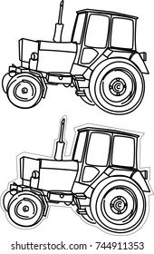 Tractors. Lines simple illustration without background and with a white lining background.