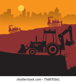 Tractors on work at construction site. Tractor grader, bulldozer silhouette, vector illustration