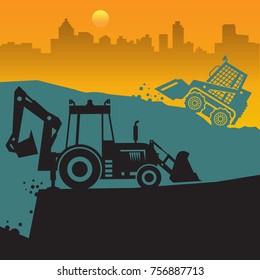 Tractors on work at construction site. Tractor grader, bulldozer silhouette, vector illustration