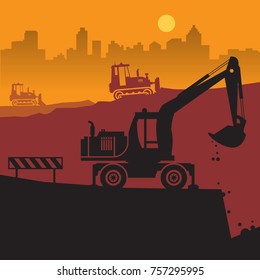 Tractors on work at construction site. Tractor grader, bulldozer silhouette, vector illustration