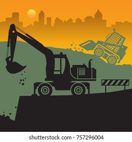 Tractors on work at construction site. Tractor grader, bulldozer silhouette, vector illustration