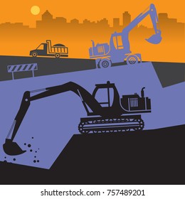 Tractors on work at construction site. Tractor grader, bulldozer silhouette, vector illustration