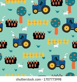 Tractors seamless kids pattern. Tractor, carrots, fence, apple trees and cats repeating vector background. Farming pattern for children fabric, wrapping paper, kids decor, boys apparel