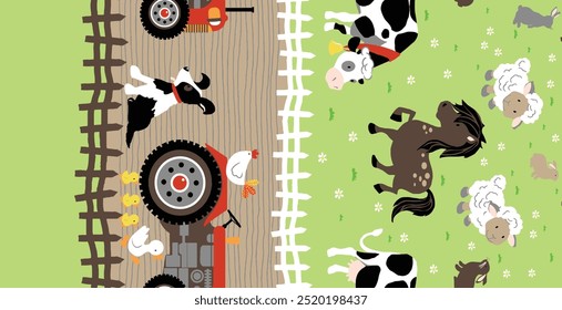Tractors seamless kids pattern. Tractor, carrots, fence, apple trees and cats repeating vector background. Farming pattern for children fabric, wrapping paper, kids decor, boys apparel