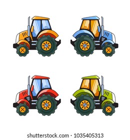 Tractors Side View Isolated on White background. 4 Colors.