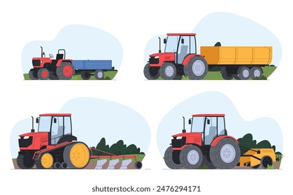 Zugmaschinen und ihre Anhänger, Bodenbearbeitungsgeräte. Landwirtschaftlicher Verkehr. Landmaschinen für die Bodenbearbeitung. Vektorillustration