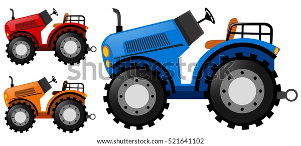 Tractors in three colors\
illustration