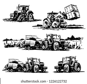 Tractors. Tractor in the field. Hand drawn illstration