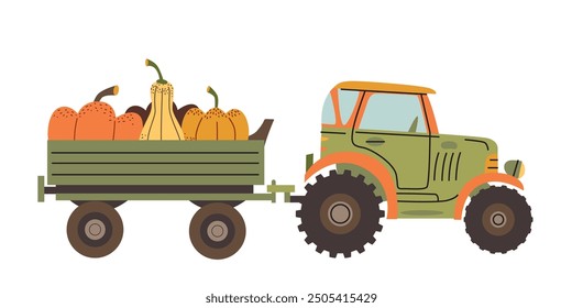 Tractors with trailer full of pumpkins. Harvest season seamless pattern. Thanksgiving decor elements on green backdrop. Autumn farm Background. 