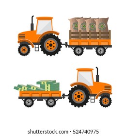 Tractors with trailer transporting bags and dollar stacks