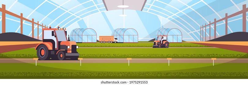 tractors working on organic products industrial plantation growing plants smart farming agribusiness concept