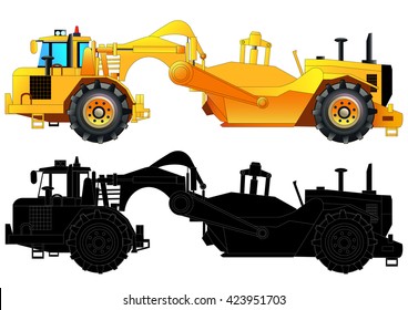 Tractor-scraper. Heavy equipment vehicle, vector illustration. Isolated on white. Icon. Flat style. Silhouette