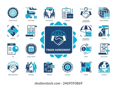 Trade Agreement icon set. Contract, Trade Barriers, regulation, Tax, Tariff, Partners, Globalization, Success. Duotone color solid icons