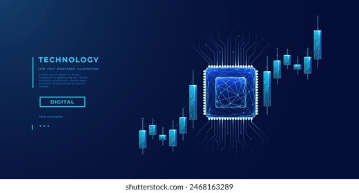 Trade AI concept. AI chip, abstract digital stock market japanese candlesticks in blue on technology background. Finance and investment tech bg. Forex with artificial intelligence innovation. Vector