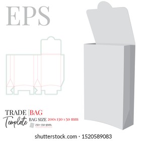 Trade Bag vector, template with die cut / laser cut lines. White, clear, blank, isolated open box mock up on white background. Packaging design. 