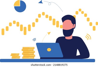 Trade banner. A man is working on a laptop. Candlestick chart, analytics, stock exchange, trading. The concept of investment trading in the stock market. Online currency, trading exchange