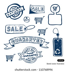 Trade banners and other elements. Hand drawn sketch illustration isolated on white background