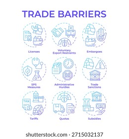 Barreiras comerciais ícones de conceito de gradiente azul. Restrições à exportação. Subsídios governamentais. Embargo de transporte. Pacote de ícones. Imagens vetoriais. Ilustrações de forma redonda para artigo, folheto. Ideia abstrata