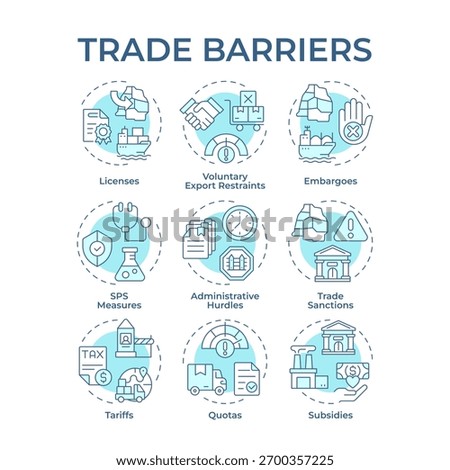 Trade barriers soft blue concept icons. Export restraints. Governmental subsidies. Shipping embargo. Icon pack. Vector images. Round shape illustrations for article, brochure. Abstract idea