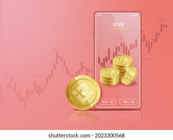 Trade Binance (BNB) on mobile through the system Cryptocurrency. Perspective Illustration about Crypto Coins. svg