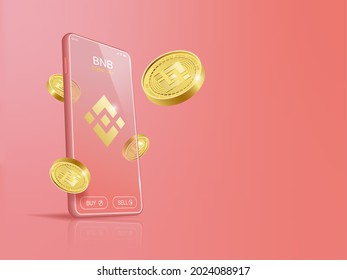 Trade Binance (BNB) on mobile through the system Cryptocurrency. Perspective Illustration about Crypto Coins. svg