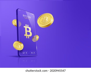 Trade Bitcoin (BTC) on mobile through the system Cryptocurrency. Perspective Illustration about Crypto Coins. svg