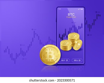 Trade Bitcoin (BTC) on mobile through the system Cryptocurrency. Perspective Illustration about Crypto Coins.