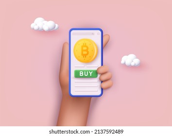 Trade Bitcoin (BTC) on mobile through the system Cryptocurrency. 3D Web Vector Illustrations.