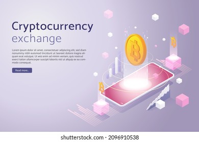 Trade Bitcoin on your smartphone with online investments. Blockchain Technology, Cryptocurrency Markets, Wallets, Application and Mobile Finance. isometric vector illustration.