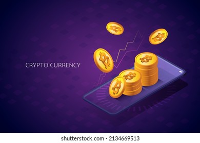 Trade Bitcoin on your smartphone with online investments. Cryptocurrency Markets, Wallets, Application and Mobile Finance. isometric vector illustration.