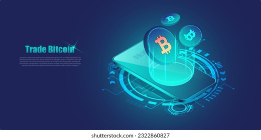 Trade bitcoin online on mobile isometic.Bitcoin Crypto on Mobile isometric.Bitcoin and graph technology.International stock exchange.