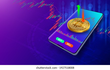 Trade the Bitcoin stock market on your smartphone, conveniently, quickly, with graphs. Buy and sell prices With modern technology on a sparkling blue purple background. EPS file.