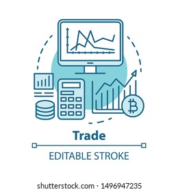 Trade blue concept icon. Stock market analyzing idea thin line illustration. Bitcoin trading. Cryptocurrency exchange. Financial transaction. Vector isolated outline drawing. Editable stroke