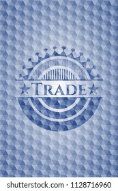 Trade blue emblem with geometric pattern background.