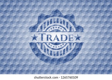 Trade blue emblem with geometric pattern background.