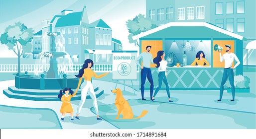 Trade Booth Kiosk with Eco Product on City Street Vector Illustration. Cartoon Man with Megaphone Announce Shop Offer to People Buyer. Environment Friendly Goods, Cloth Bag, Reusable Bottle.