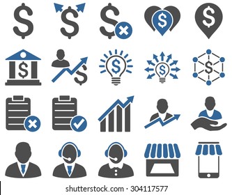 Trade business and bank service icon set. These flat bicolor icons use cobalt and gray colors. Images are isolated on a white background. Angles are rounded.