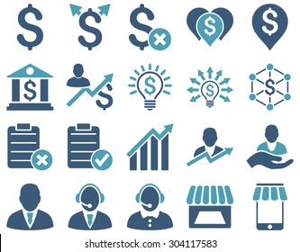 Trade business and bank service icon set. These flat bicolor icons use cyan and blue colors. Images are isolated on a white background. Angles are rounded.