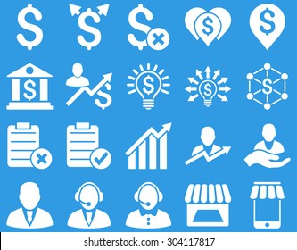 Trade business and bank service icon set. These flat icons use white color. Images are isolated on a blue background. Angles are rounded.